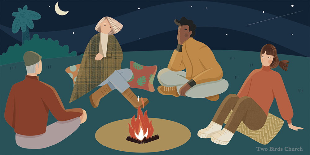 Illustration of a small circle around a fire at night