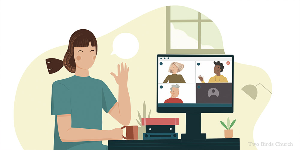 Illustration of someone joining a gathering online