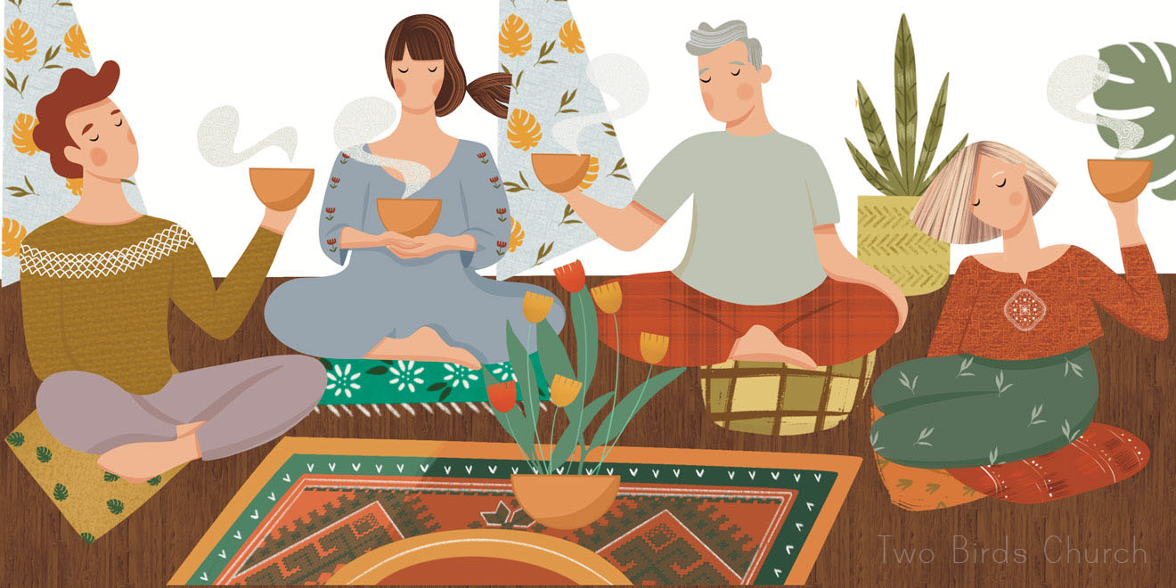 Illustration of people sharing cacao together
